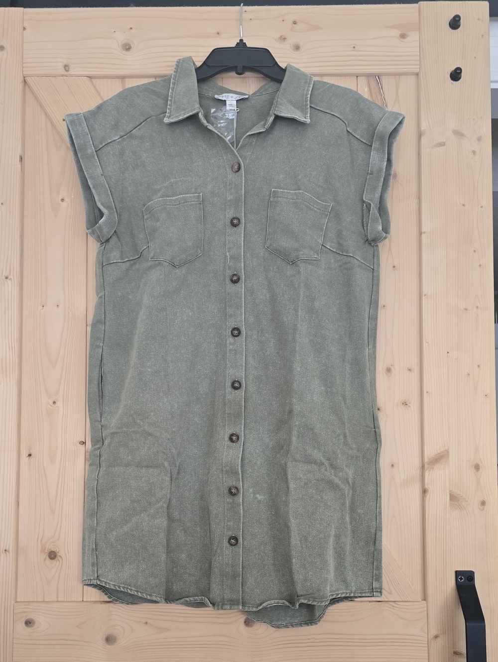 She + Sky Olive Button-Front Mini Dress